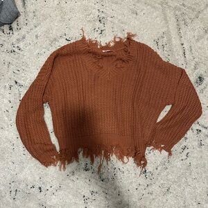 Love Tree V-Neck Frayed Hem Sweater in Rust